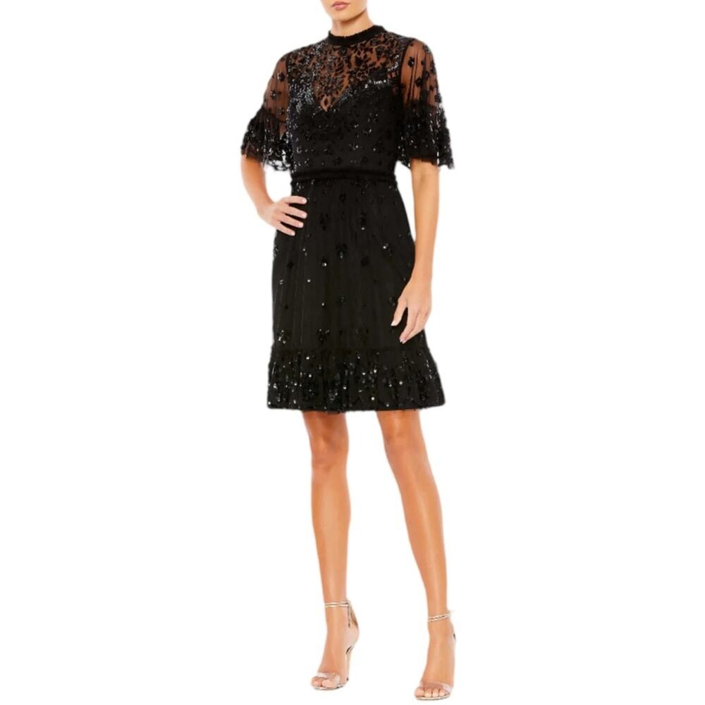 Mac Duggal Black Embellished Illusion High Neck Mini Dress 9143 Women’s Sz 10